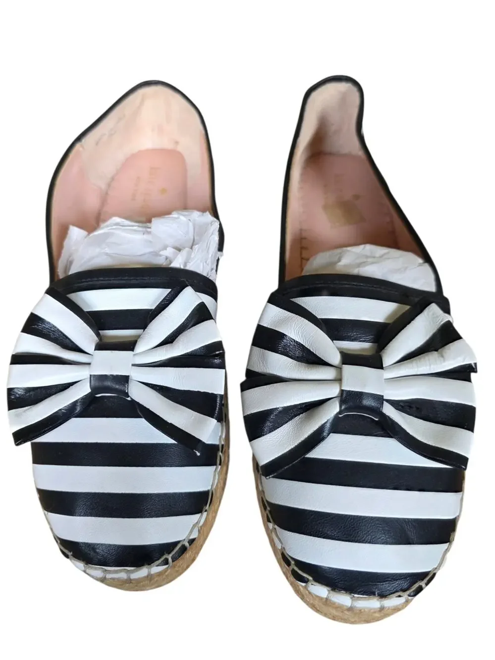 Kate Spade NY LINDS Striped Leather Bow Espadrille Flats Black White Sz 9